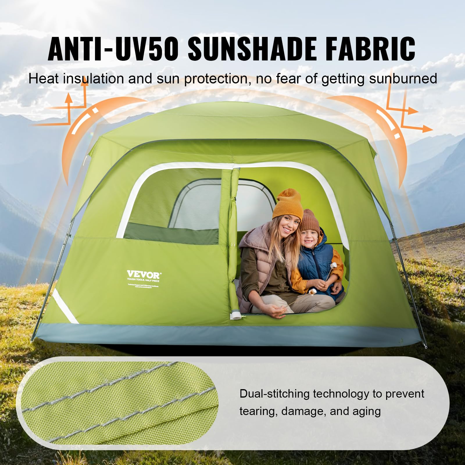 Green craques camping tent with anti-UV50 sunshade fabric showing two people inside the best camping tent for 4 people