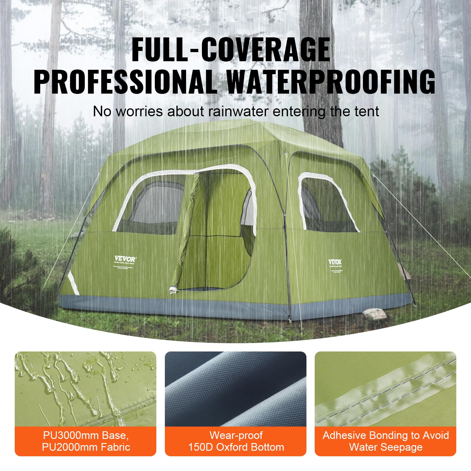 Green craques best camping tent for 4 people with full-coverage waterproofing under heavy rain