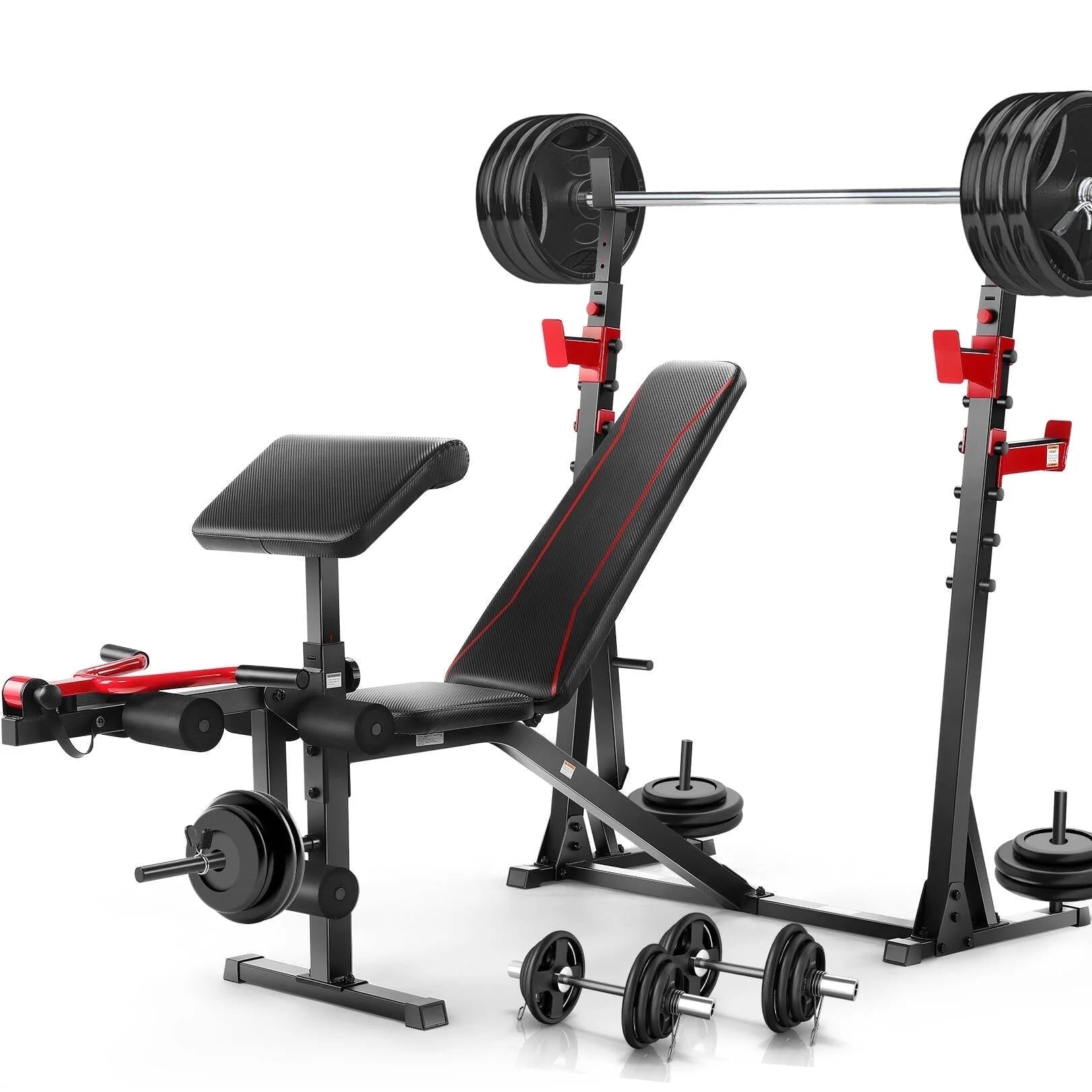 craques Olympic weight bench set with squat rack including adjustable bench, barbell, weight plates, and dumbbells
