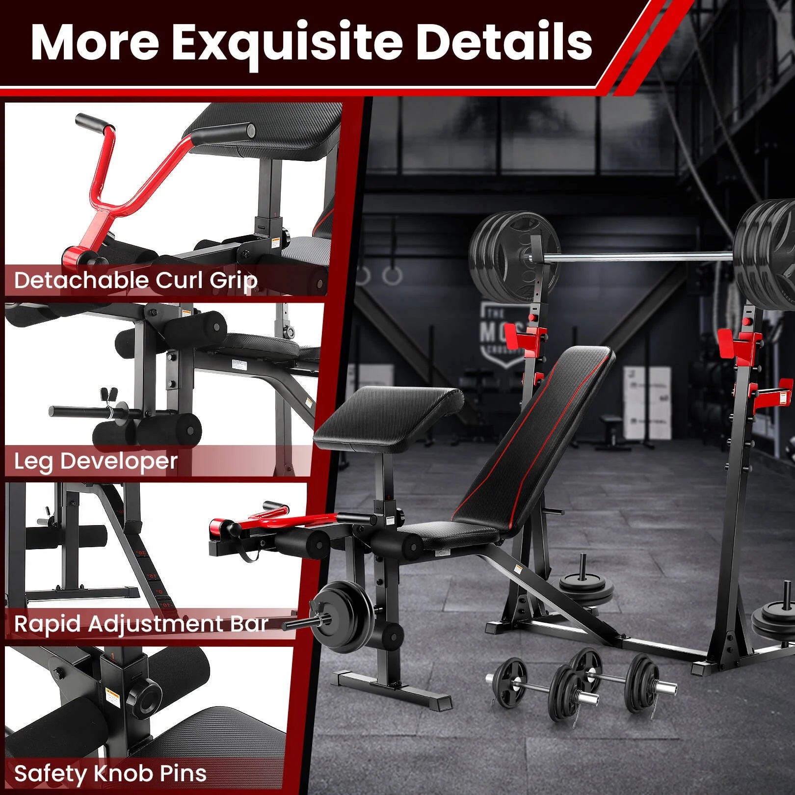 Olympic weight bench set with squat rack featuring detachable curl grip leg developer and safety knob pins
