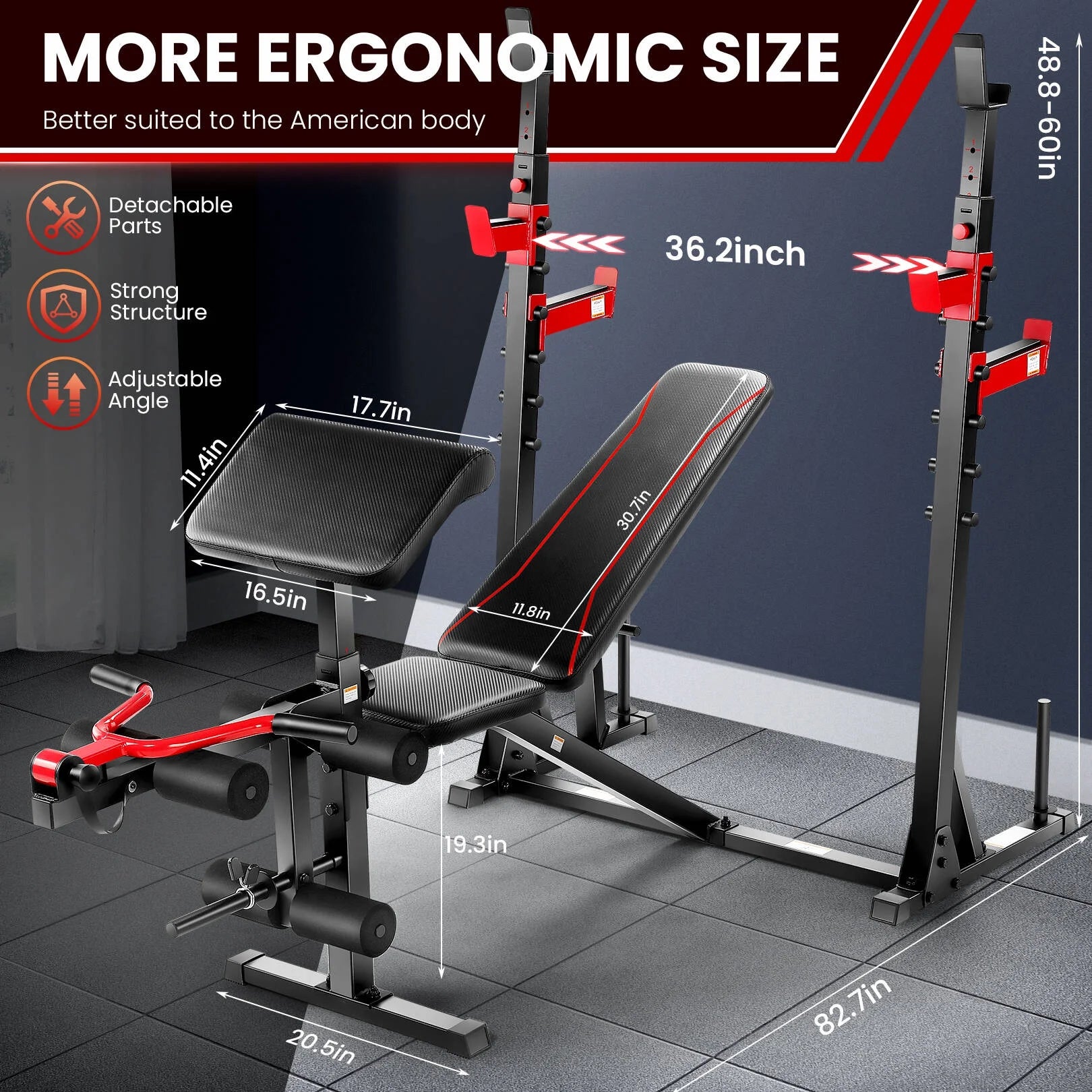 Olympic weight bench set with squat rack featuring adjustable angles and detachable parts for strong structure
