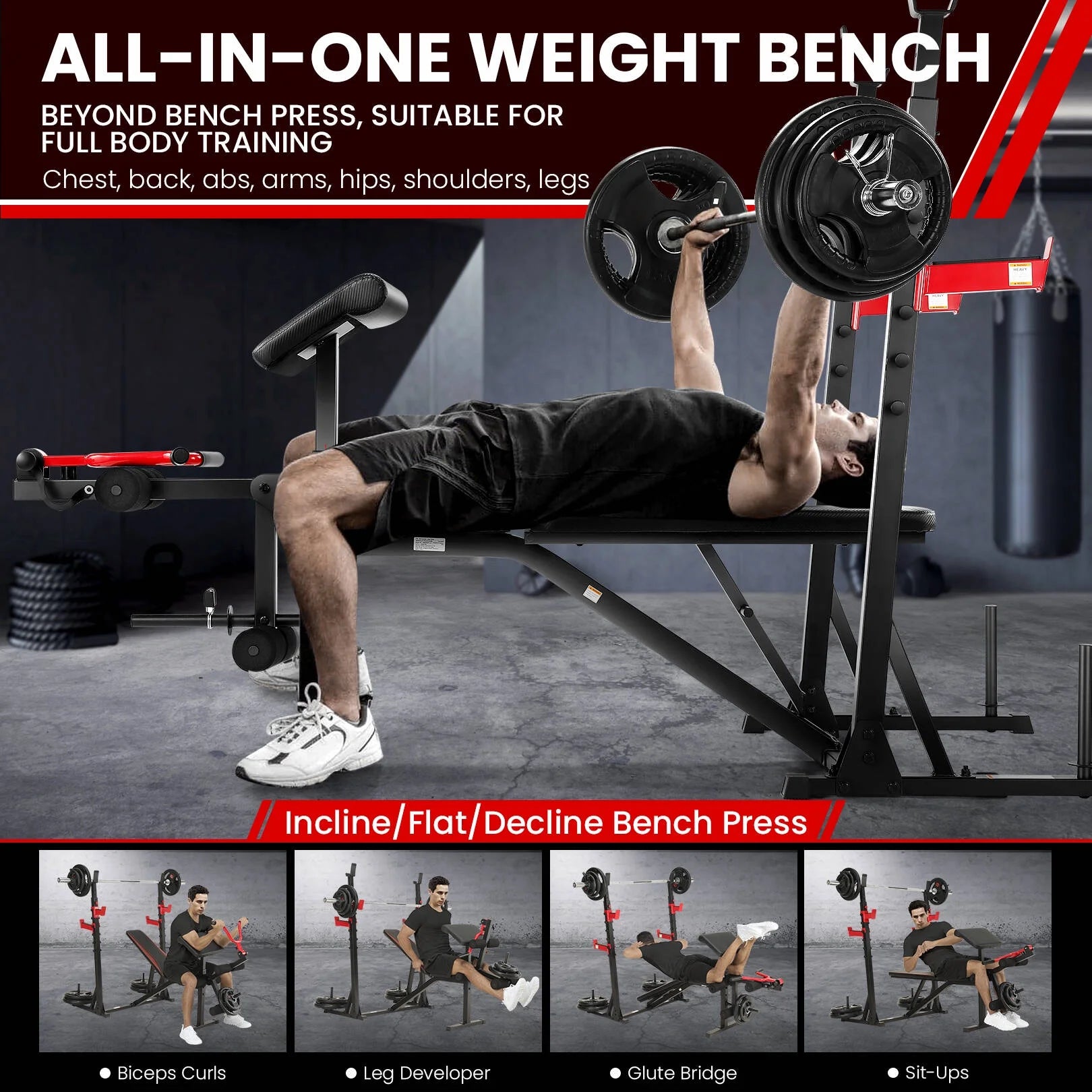 Olympic weight bench set with squat rack for full body training including bench press and leg exercises