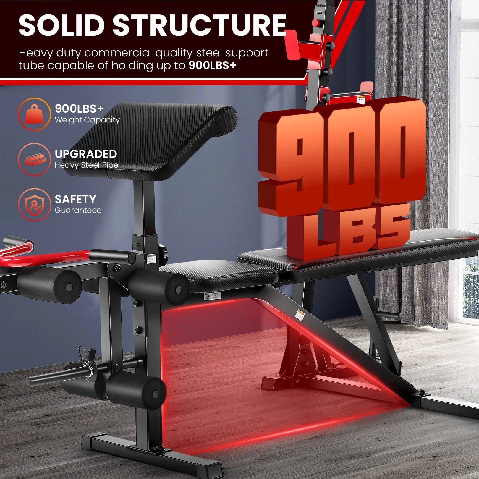 Olympic weight bench set with squat rack showing solid steel structure and 900 pounds weight capacity