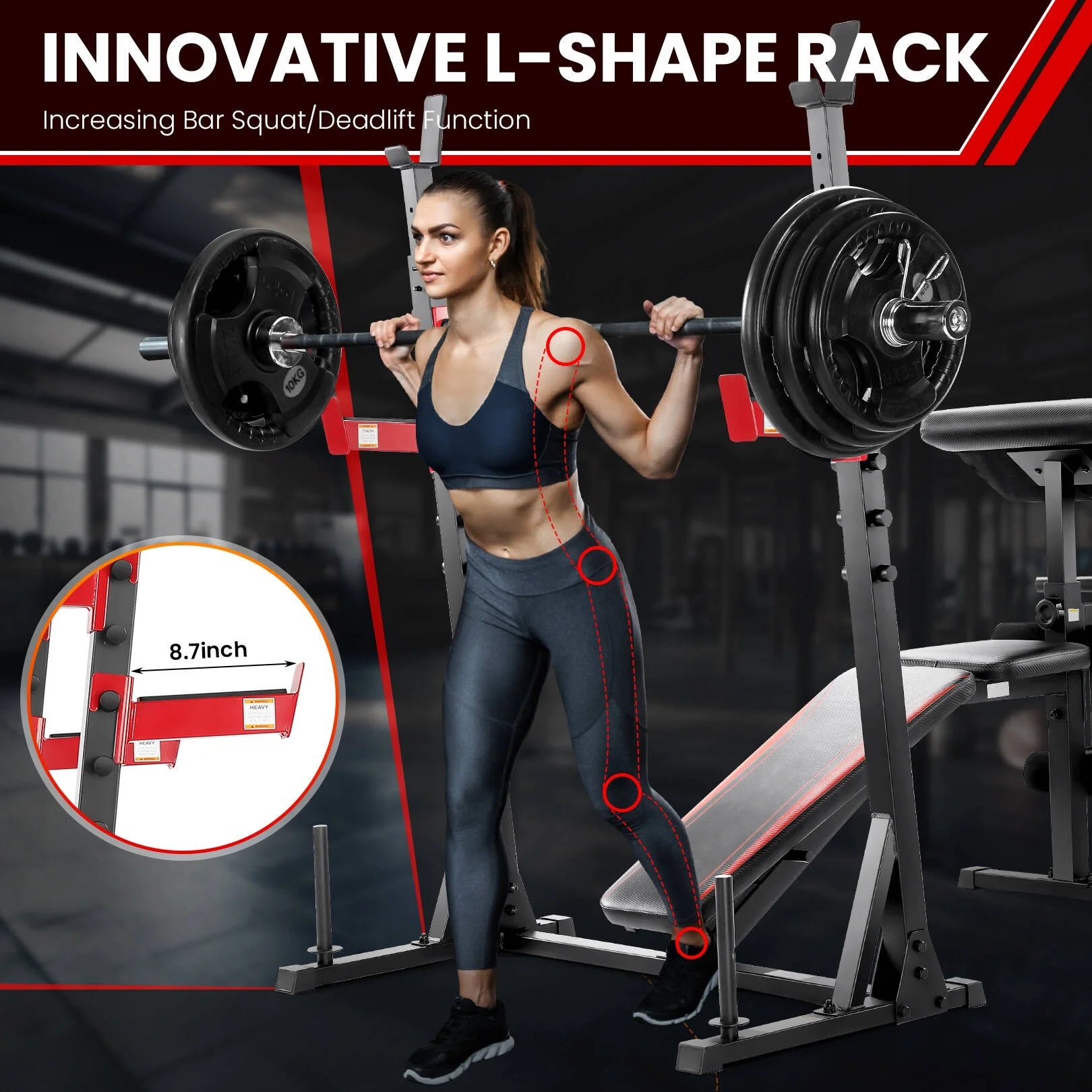 Olympic weight bench set with squat rack featuring a woman performing a bar squat with heavy weights