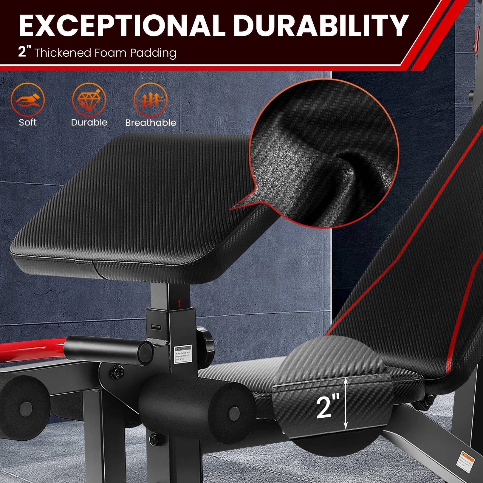 Close-up of thickened foam padding on Olympic weight bench set with squat rack showing soft durable breathable cushioning