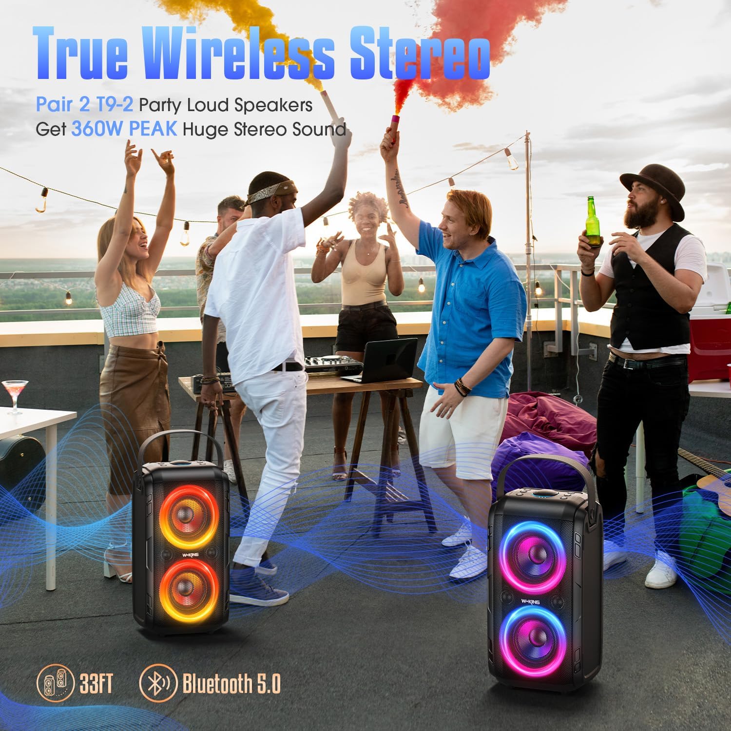 Portable party Bluetooth speaker by craques with colorful lights playing music at outdoor rooftop party