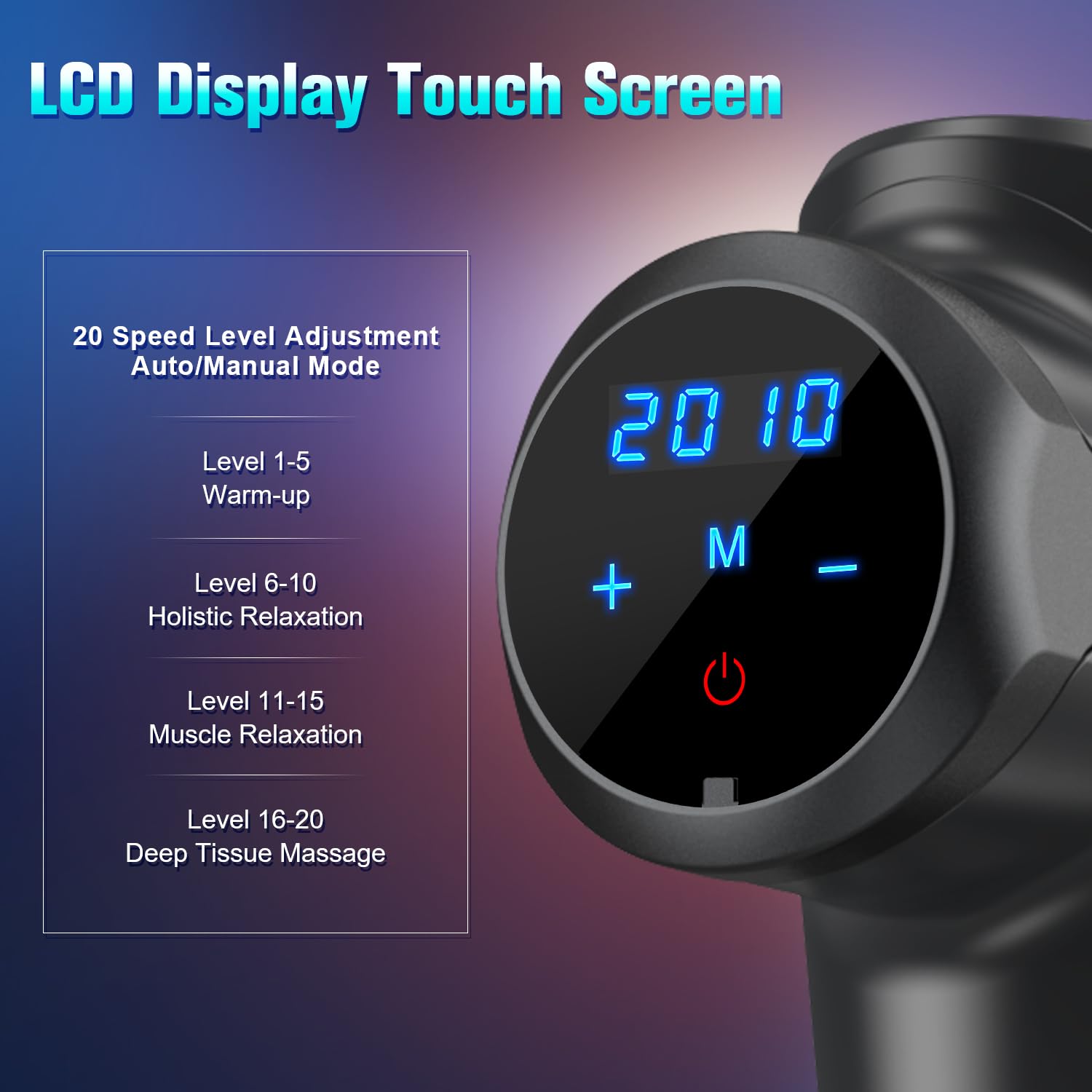 Craques deep tissue massage gun with LCD display touch screen showing speed level adjustments