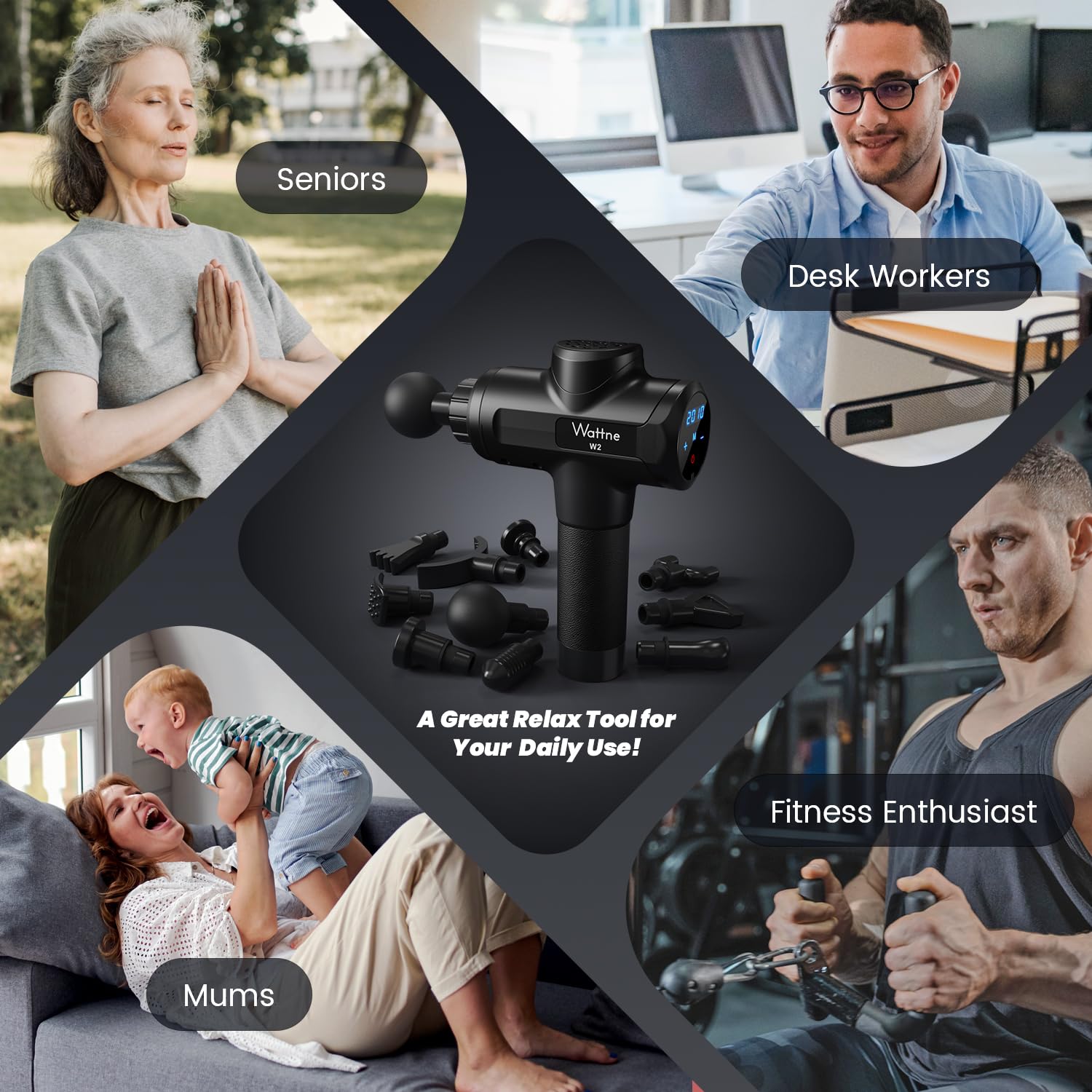 Craques deep tissue massage gun with multiple attachments shown for seniors desk workers mums