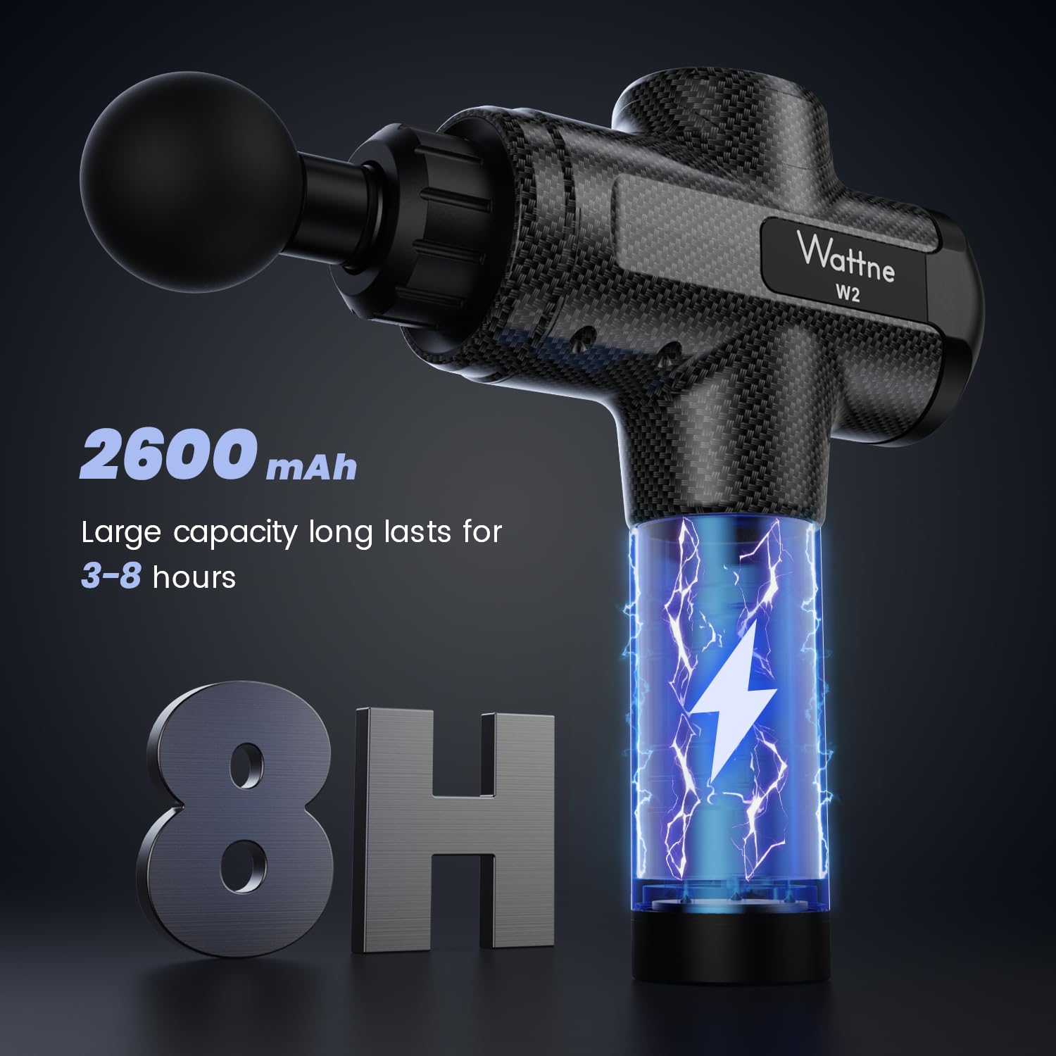 Craques Wattne W2 deep tissue massage gun with 2600mAh battery lasting 3 to 8 hours