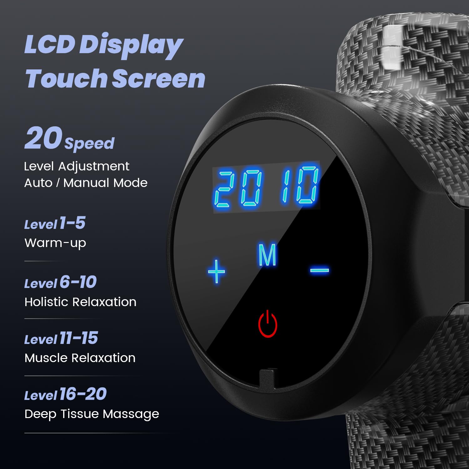 craques deep tissue massage gun with LCD touchscreen displaying speed levels and mode settings