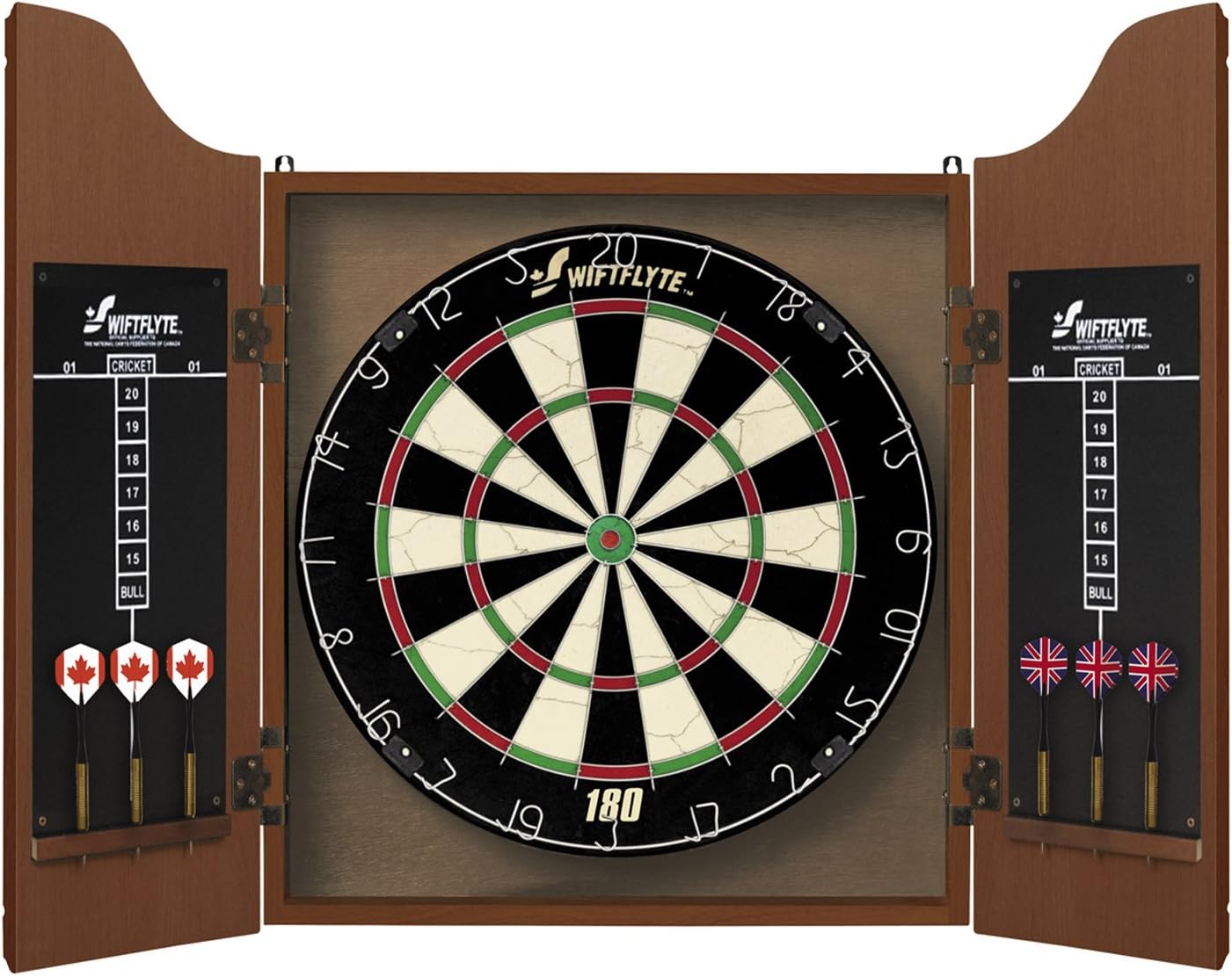 Craques bristle dartboard cabinet set with wooden doors and included darts featuring flag designs