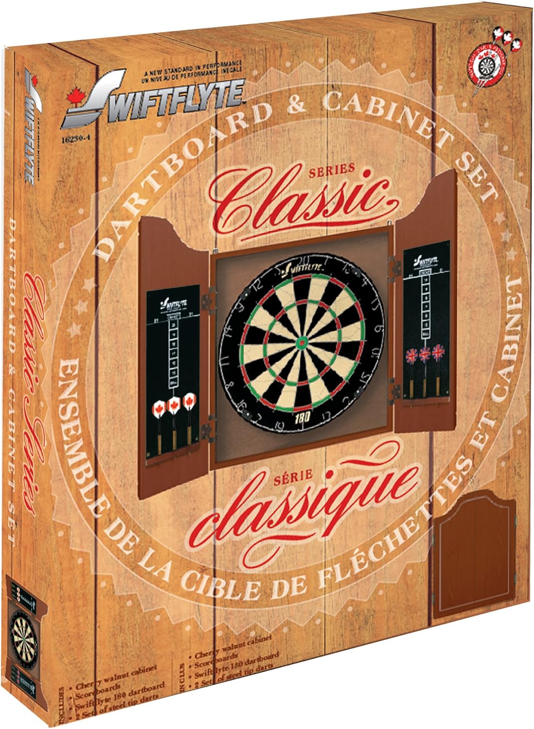 SwiftFlyte Classic bristle dartboard cabinet set with wooden cabinet and chalk scoreboards