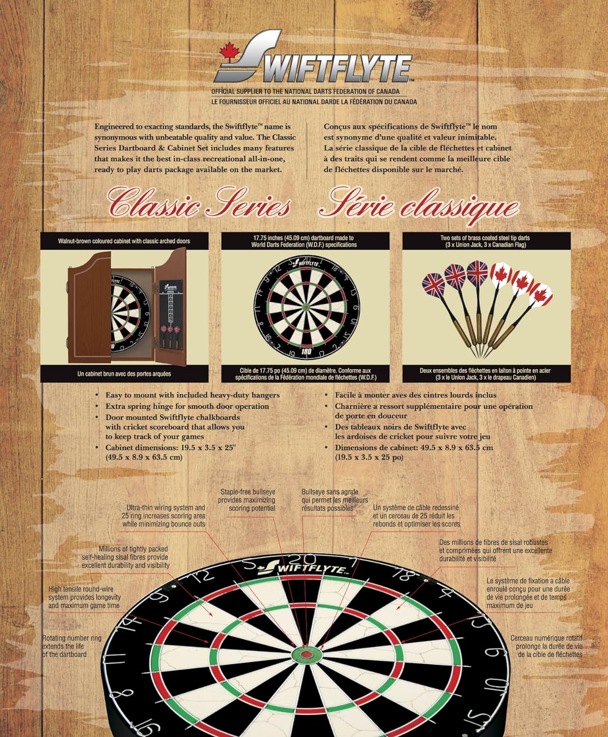 Swiftflyte bristle dartboard cabinet set with hardwood stained doors and Canadian flag darts