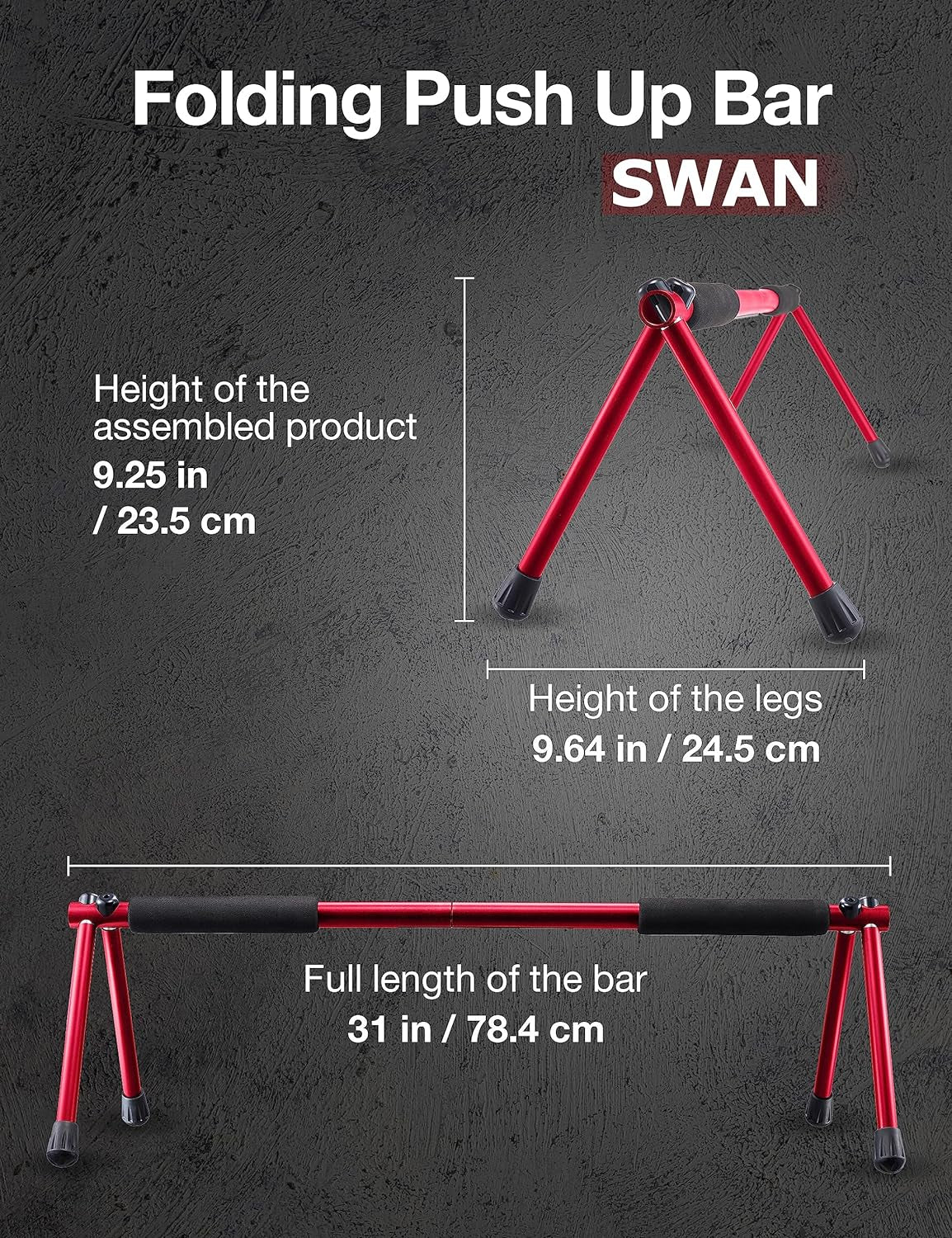 Red folding push up bar for home with foam grips and sturdy metal legs, compact and portable
