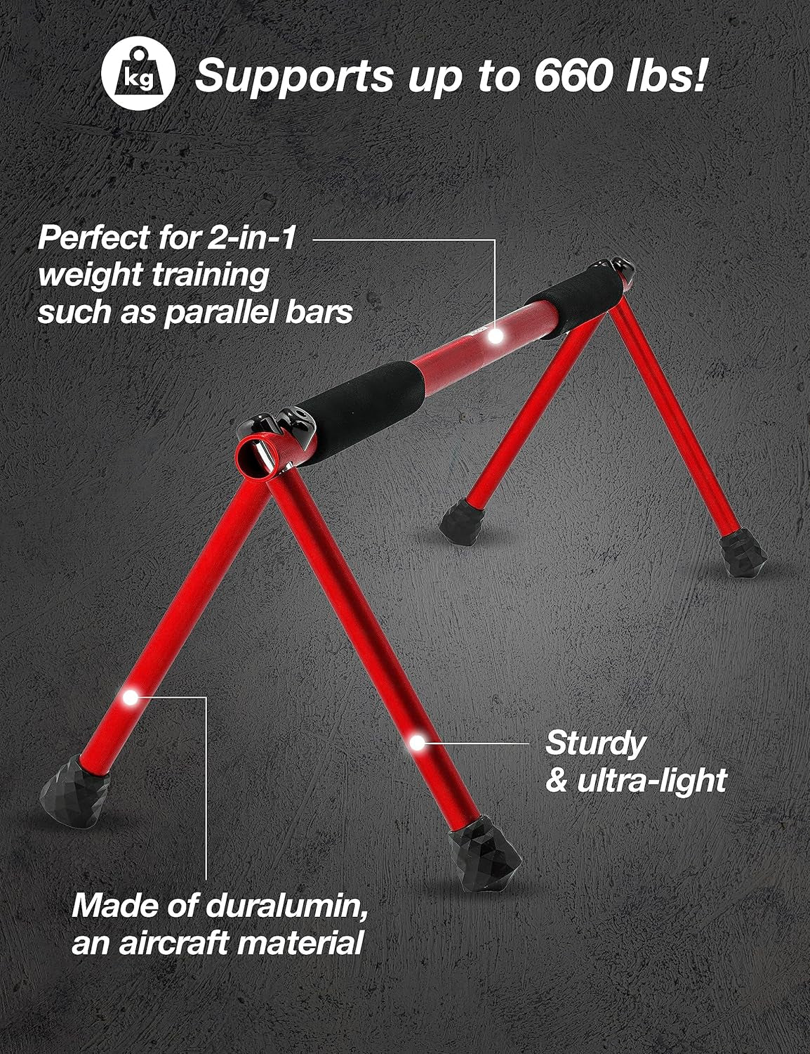 Craques folding push up bar for home in red made of durable duralumin supporting up to 660 lbs