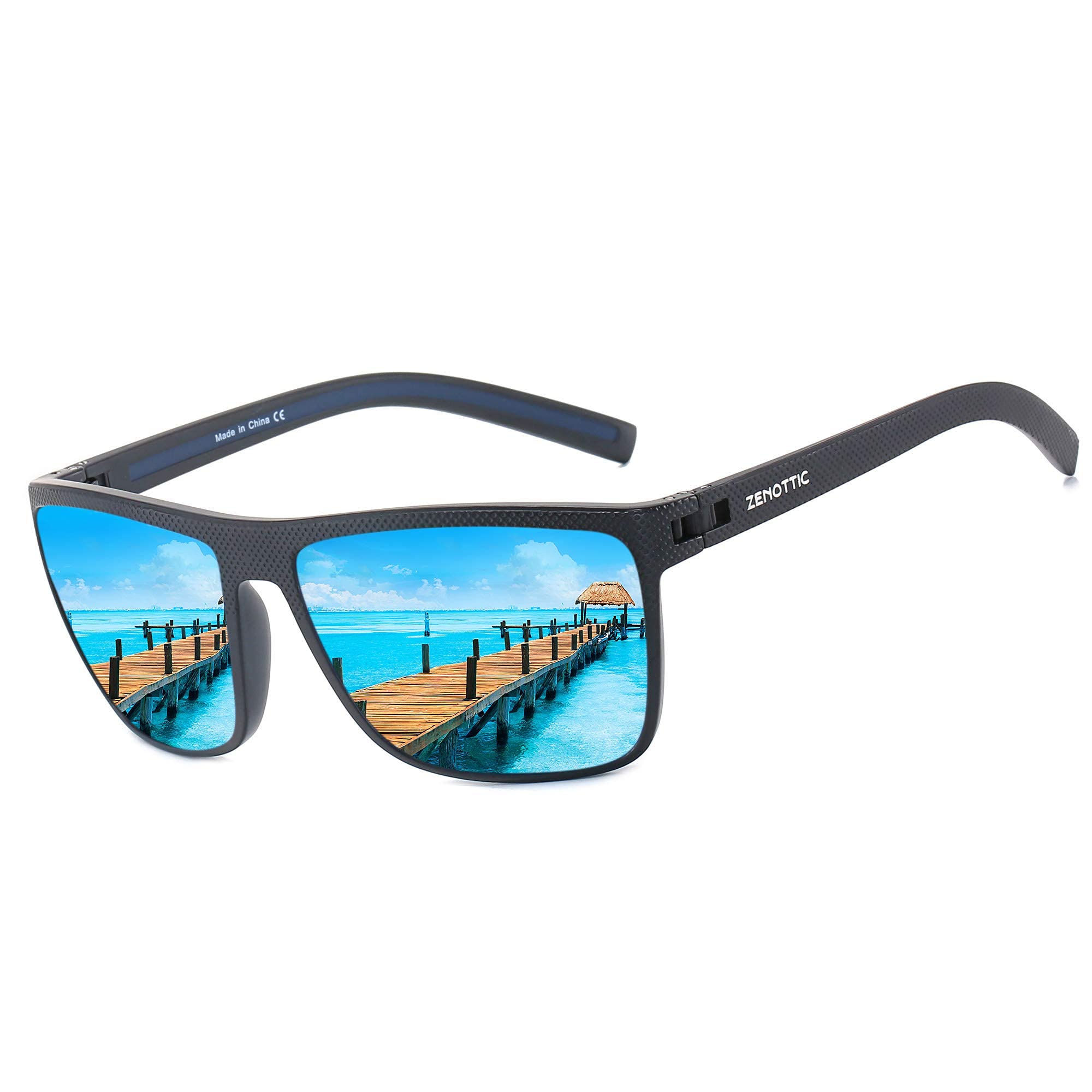 Craques men's polarized sunglasses with black frame and blue reflective lenses showing a pier view