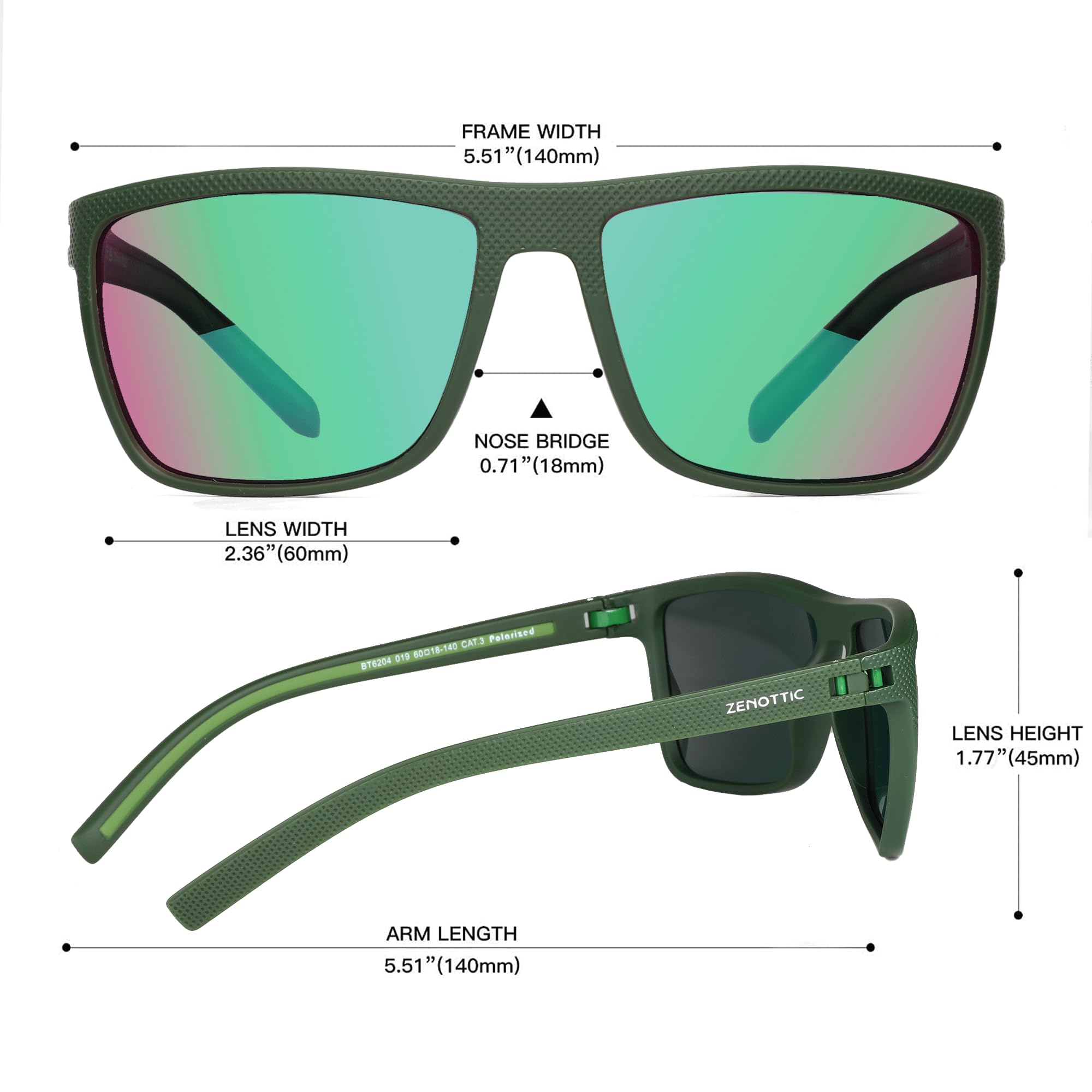Craques men's polarized sunglasses with green frame and reflective lenses showing measurements