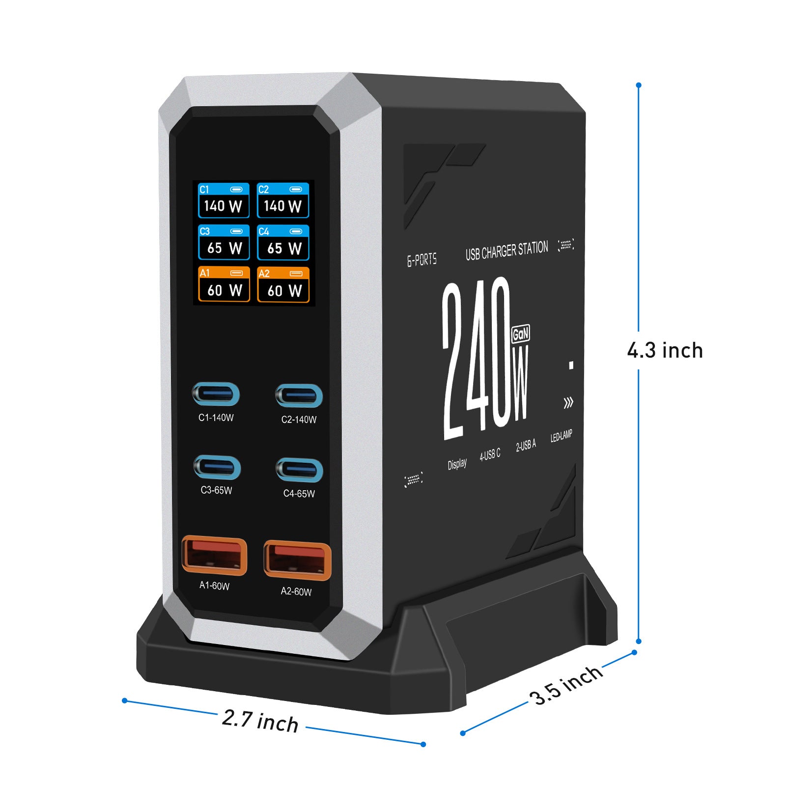 Multi-port USB Charger 240W Dynamic Display - Black