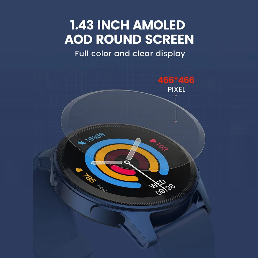 1.85 inch smart watch for men with 1.43 inch AMOLED round screen and full color display