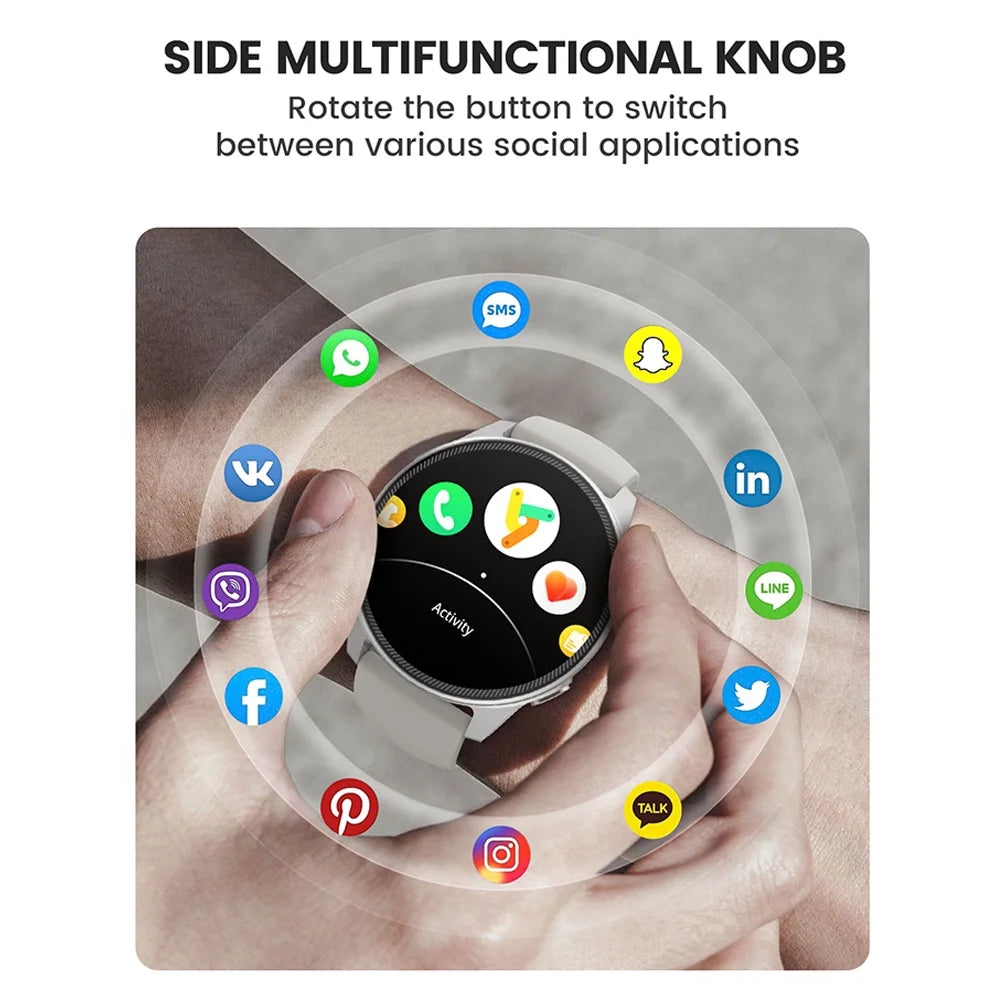 1.85 inch smart watch for men by craques with side multifunctional knob for social app navigation