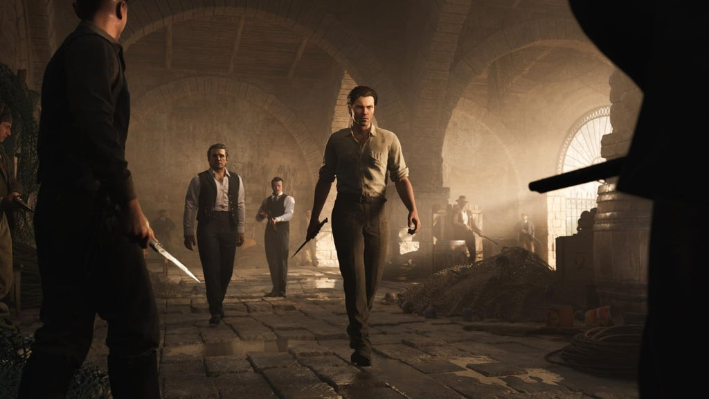 Mafia The Old Country PS5 game scene with characters holding weapons in a dimly lit underground setting