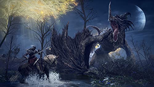 Elden Ring PS5 gameplay scene featuring a knight on horseback battling a large menacing creature at night