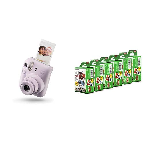 Fujifilm Instax Mini 12 instant camera in pastel purple with photo print and multiple film packs
