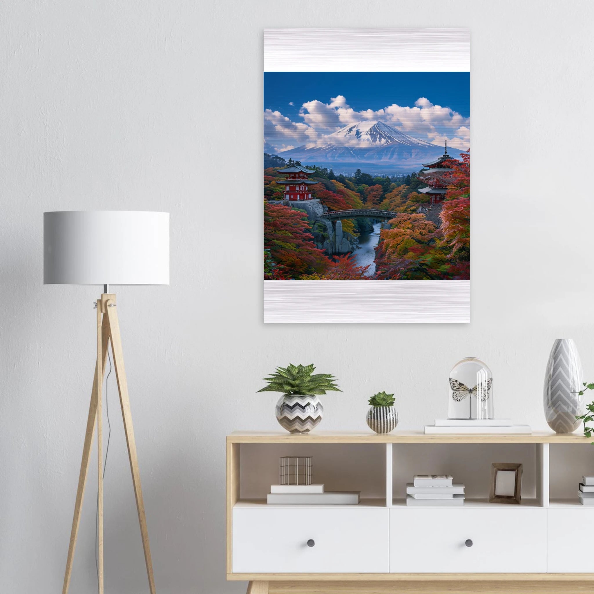Serene Landscape Autumn Fall and Mount fuji Wall art - 70x100 cm / 28x40″ / Brushed Aluminum Print / Material