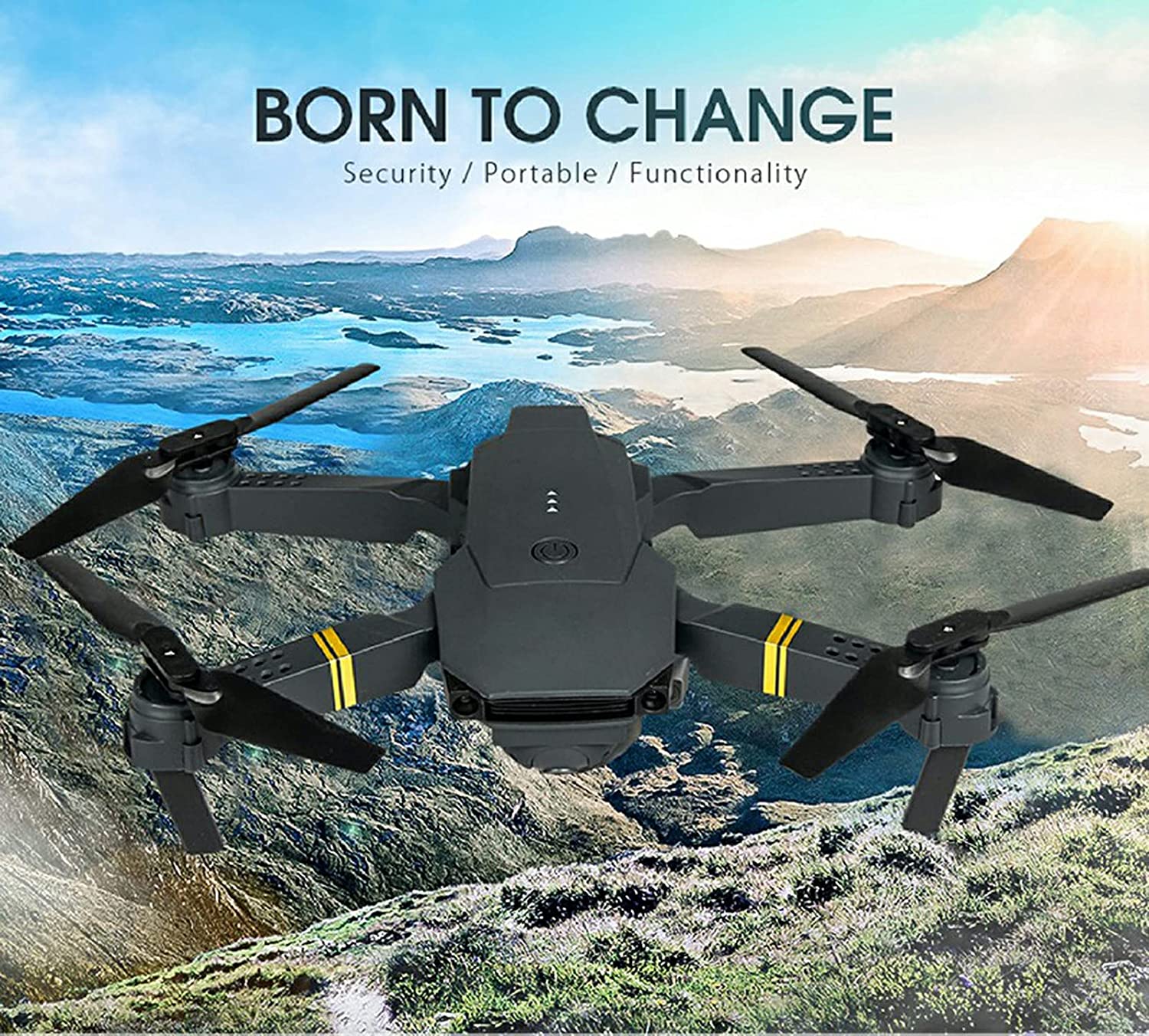 DC-THE CEO 4K camera drone foldable flying over mountainous landscape with clear sky