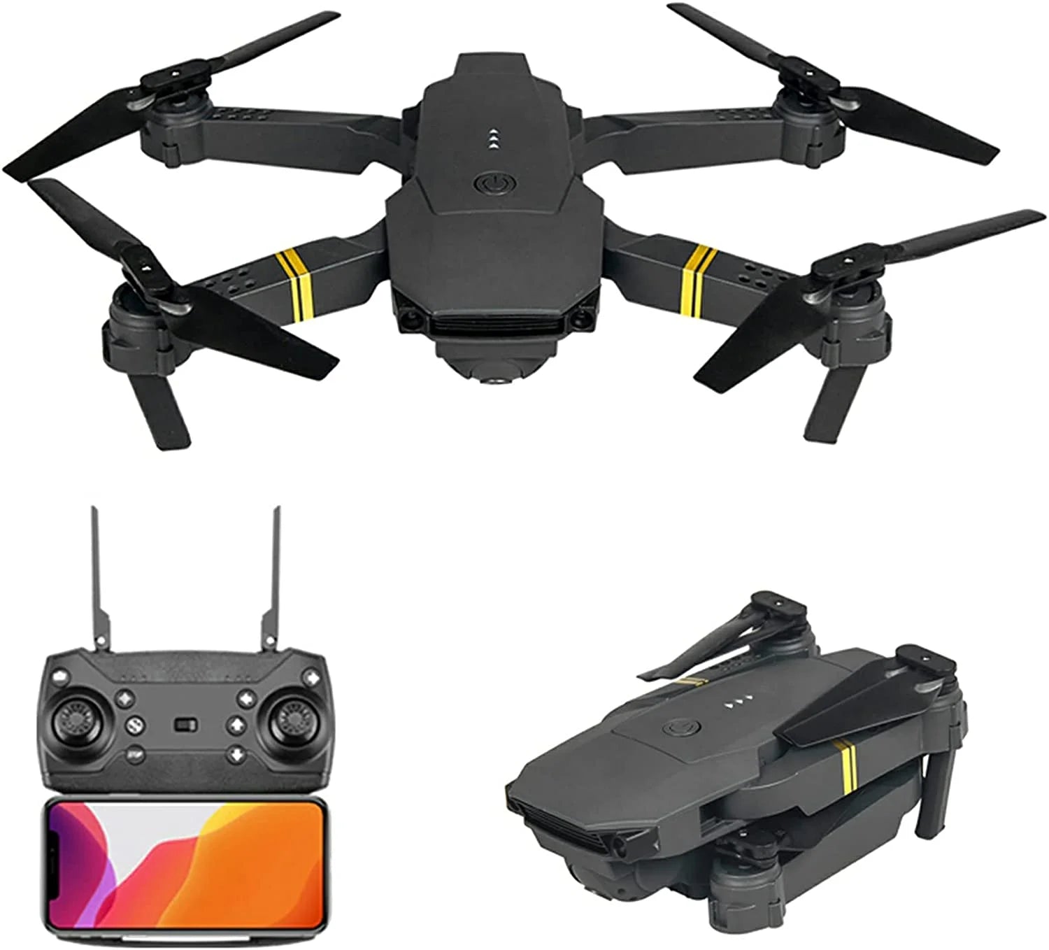 DC-THE CEO 4K camera drone foldable with remote control and smartphone holder in black with yellow accents