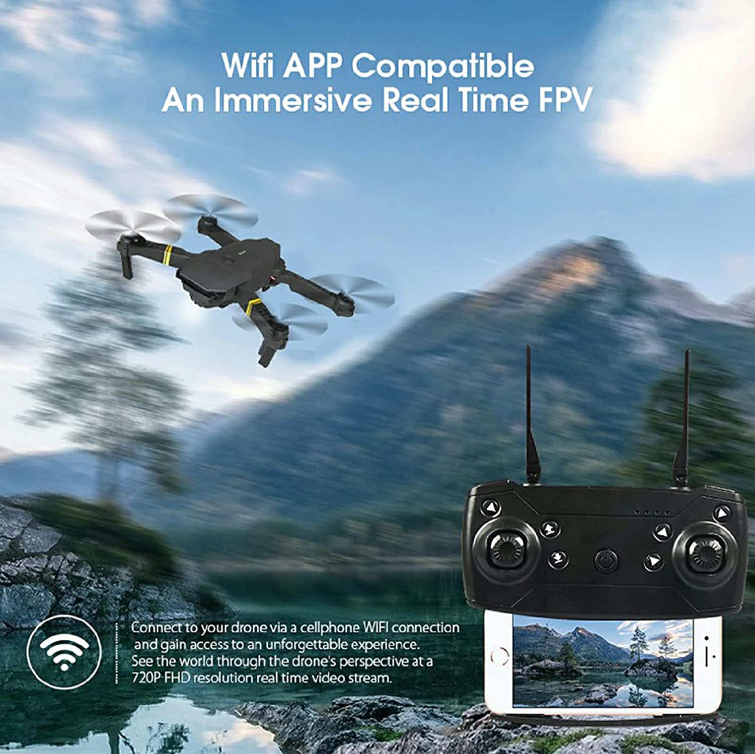 DC-THE CEO 4K camera drone foldable flying over water with remote controller and smartphone showing live video