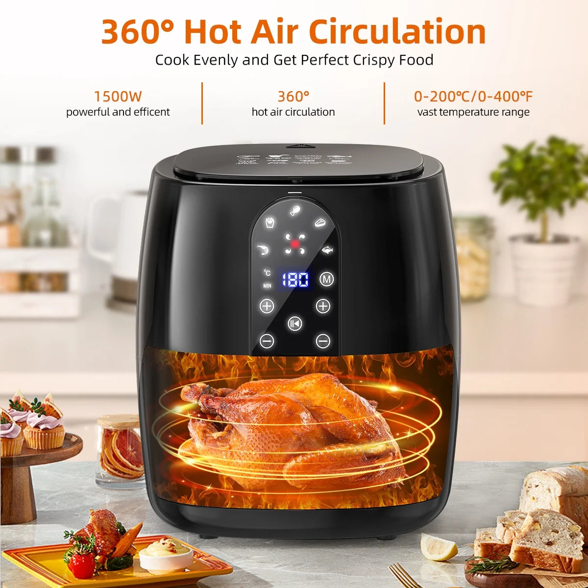 craques 5.2QT air fryer oven black with digital control panel cooking whole chicken with 360 degree hot air circulation
