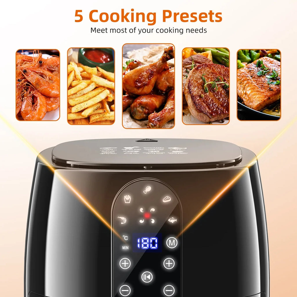 Craques 5.2QT air fryer oven with digital touchscreen and five cooking presets for shrimp fries chicken steak and salmon