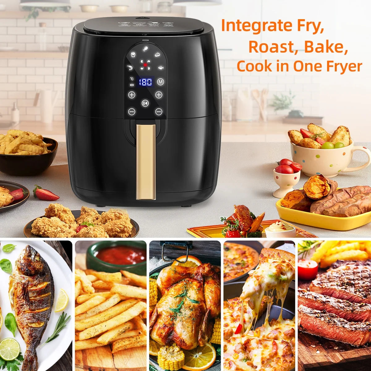 Craques 5.2QT air fryer oven in black with gold handle cooking fried chicken fries roasted chicken pizza and steak