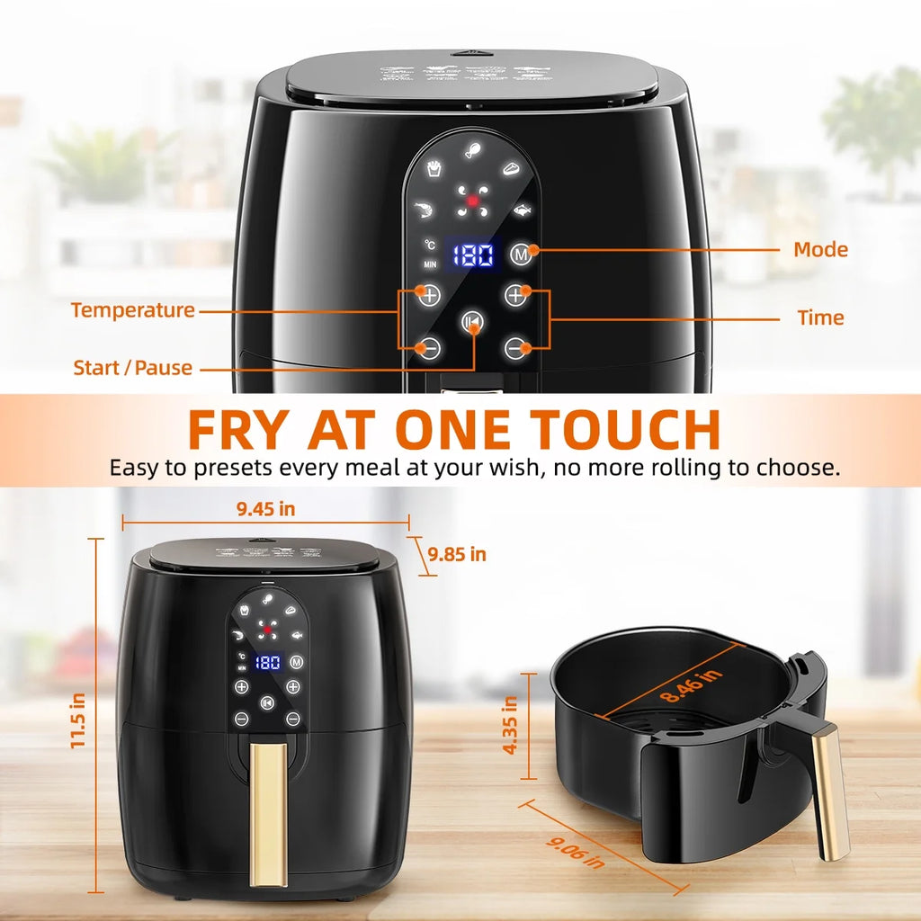 Craques 5.2QT air fryer oven black with digital touchscreen panel and handle, compact kitchen appliance