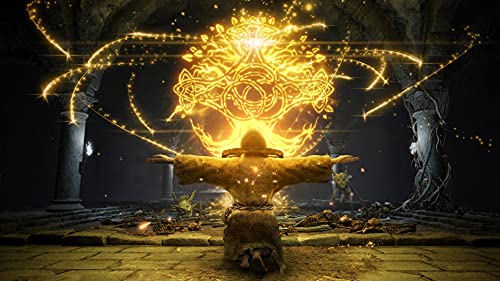 Elden Ring PS5 gameplay scene showing character summoning glowing golden symbol in a dark ancient ruin