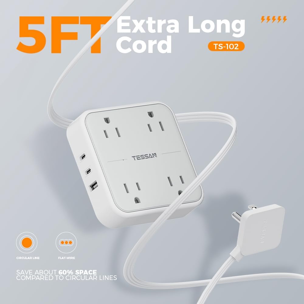Flat Plug Extension Cord Indoor 5 Feet, Power Bars with Surge Protector - craques