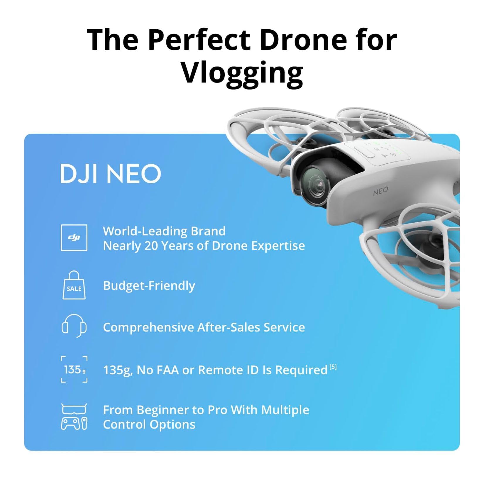 DJI Neo, Mini Drone with 4K UHD Camera for Adults, 135g Self Flying Drone that Follows You, Palm Takeoff, Subject Tracking, QuickShots, Stabilized Video, Built-In Propeller Guard (Controller-Free) - craques
