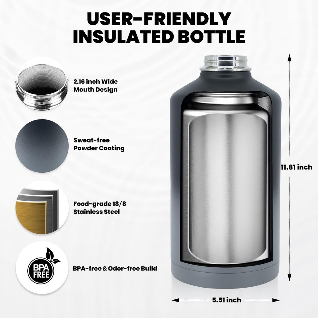 RAYMYLO One Gallon Water Bottle Insulated Triple Walled Vacuum Stainless Steel (Cold for 48 Hrs) Leak Proof & BPA-Free