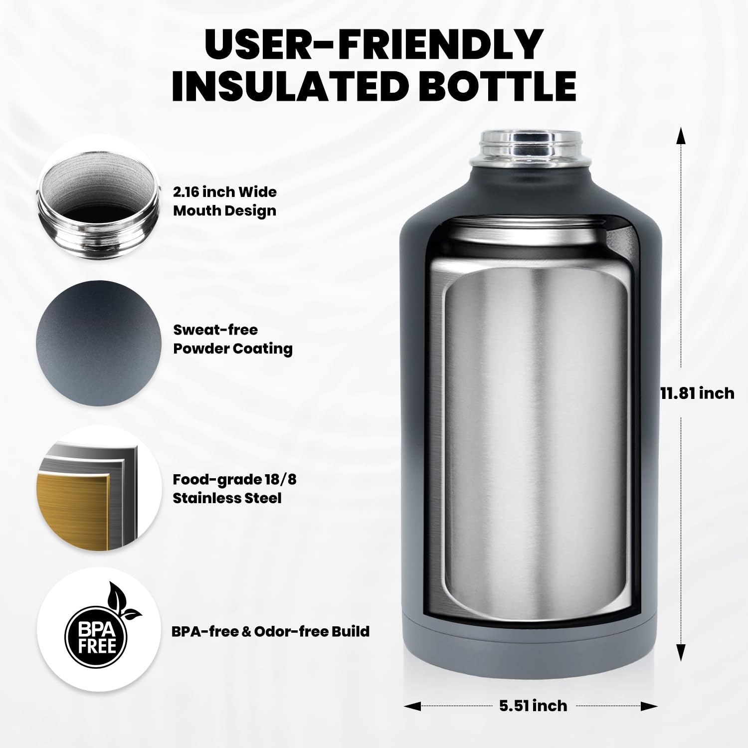 RAYMYLO One Gallon Water Bottle Insulated Triple Walled Vacuum Stainless Steel (Cold for 48 Hrs) Leak Proof & BPA-Free