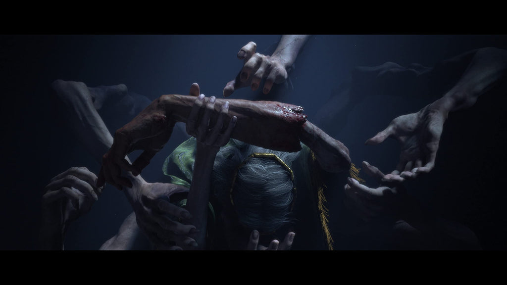 Elden Ring PS5 game scene showing multiple dark hands reaching and holding a character in eerie lighting