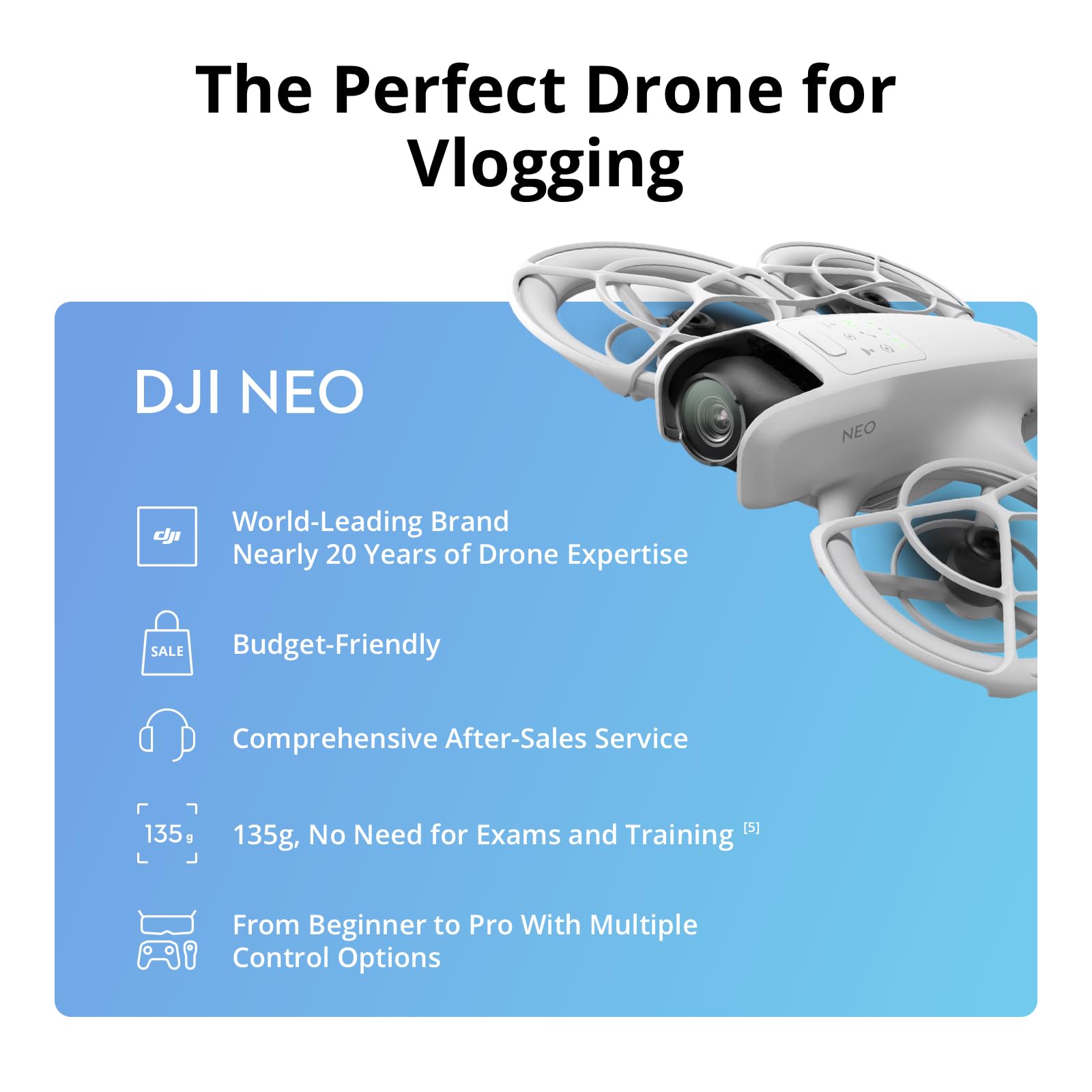 DJI Neo, Mini Drone with 4K UHD Camera for Adults, 135g Self Flying Drone that Follows You, Palm Takeoff, Subject Tracking, QuickShots, Stabilized Video, Built-In Propeller Guard (Controller-Free) - craques