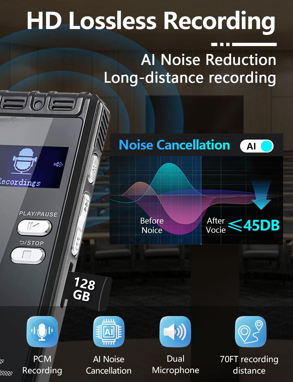 Craques 64GB digital voice recorder with AI noise reduction dual microphone and 70FT recording distance
