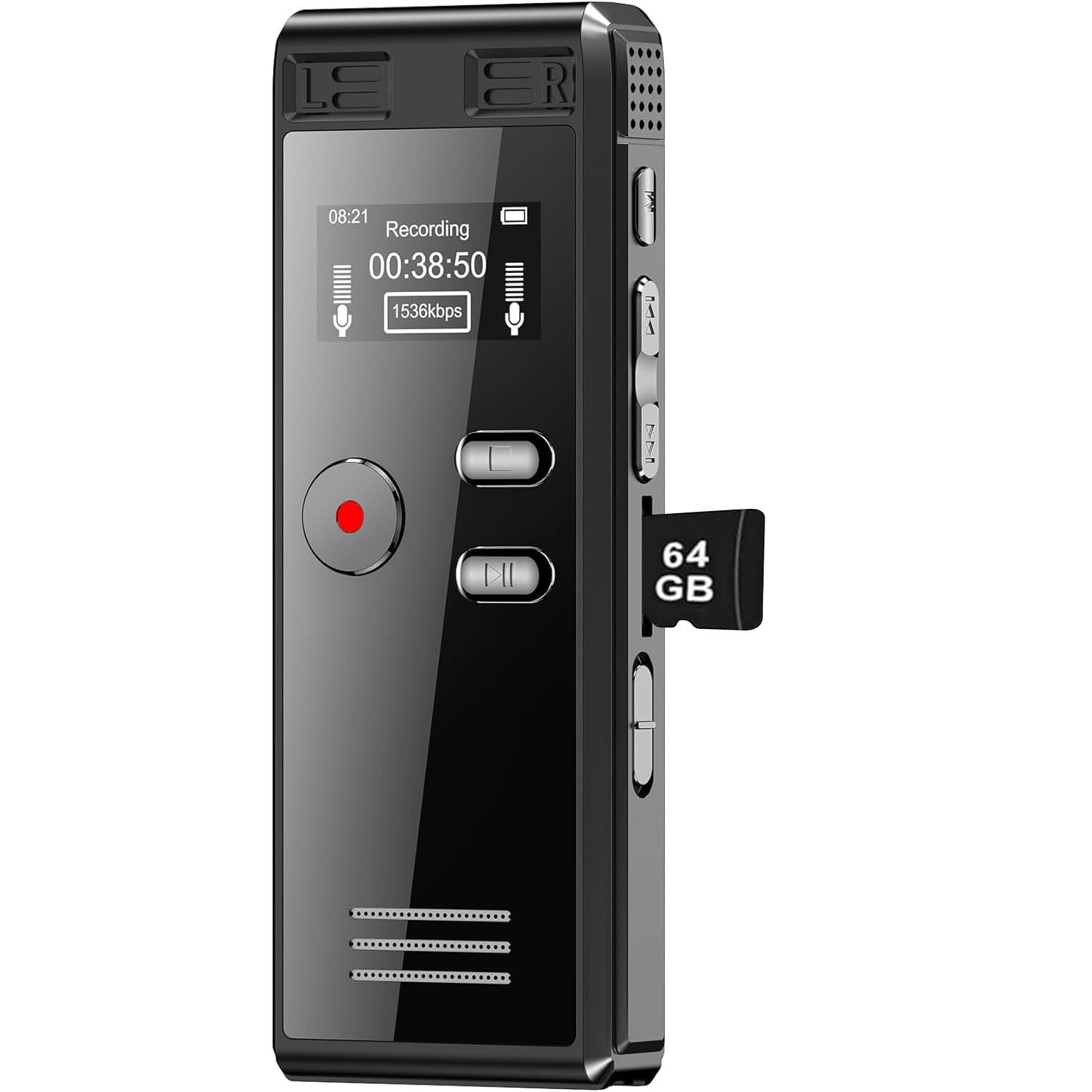 Craques 64GB digital voice recorder in black with LCD screen and external memory slot