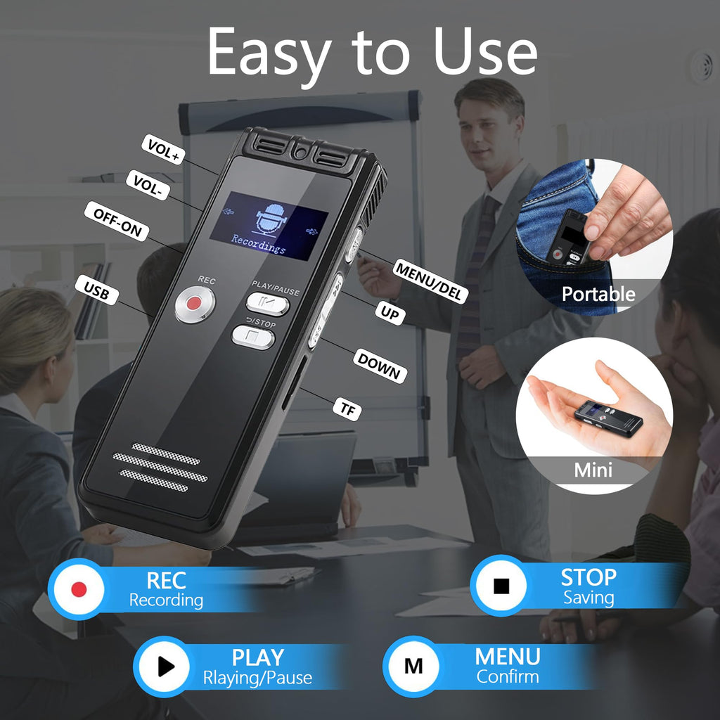 Craques 64GB digital voice recorder with labeled buttons, portable and mini design for easy use