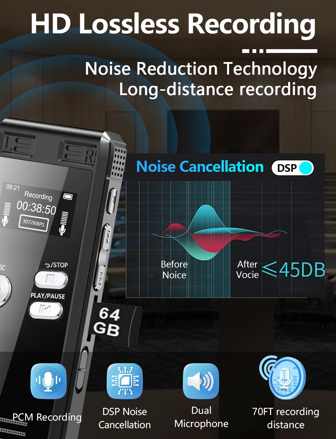 Craques 64GB digital voice recorder with HD lossless recording noise reduction and dual microphones