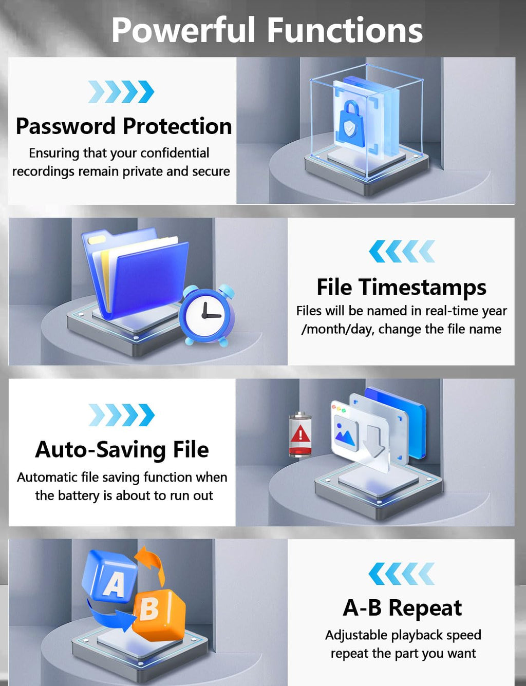 Craques 64GB digital voice recorder features password protection, file timestamps, auto-saving file, and A-B repeat