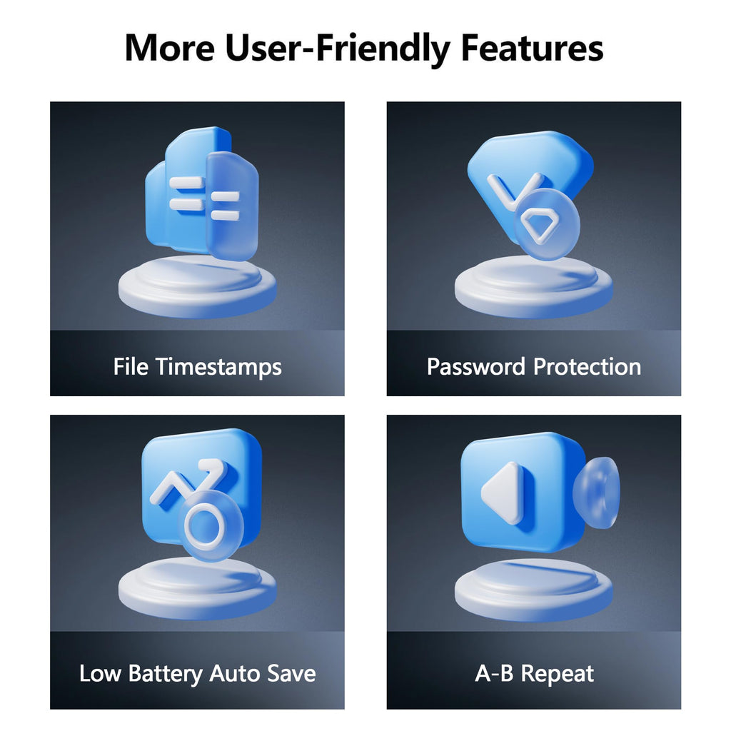 User-friendly features of craques 64GB digital voice recorder including file timestamps password protection low battery auto save and A-B repeat