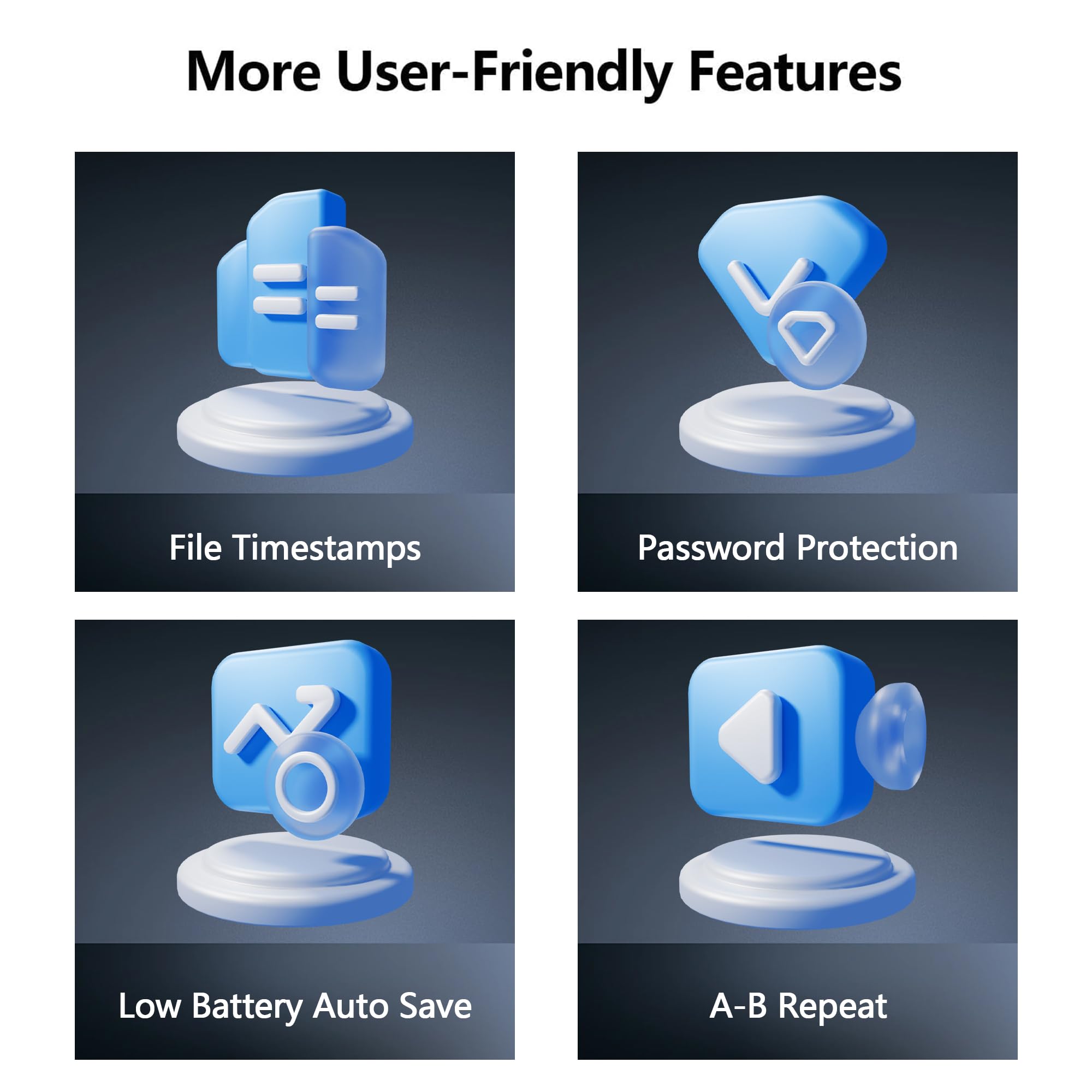 User-friendly features of craques 64GB digital voice recorder including file timestamps password protection low battery auto save and A-B repeat