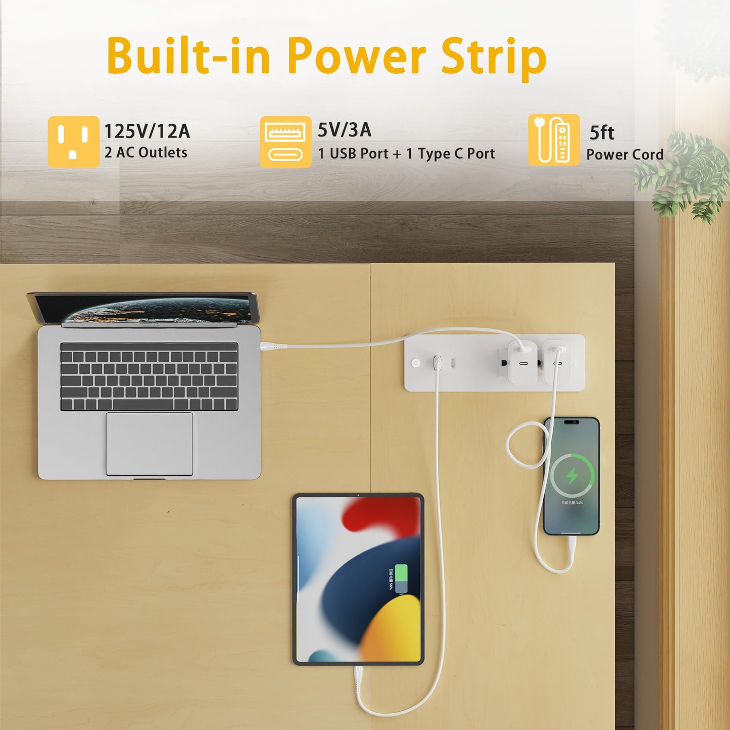 BEXEVUE Computer Desk with Power Outlets